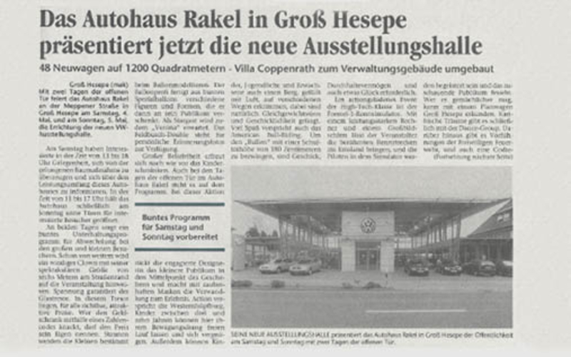 Zeitungsausschnitt zur neuen Ausstellungshalle des Autohauses Rakel in Gro&szlig; Hesepe